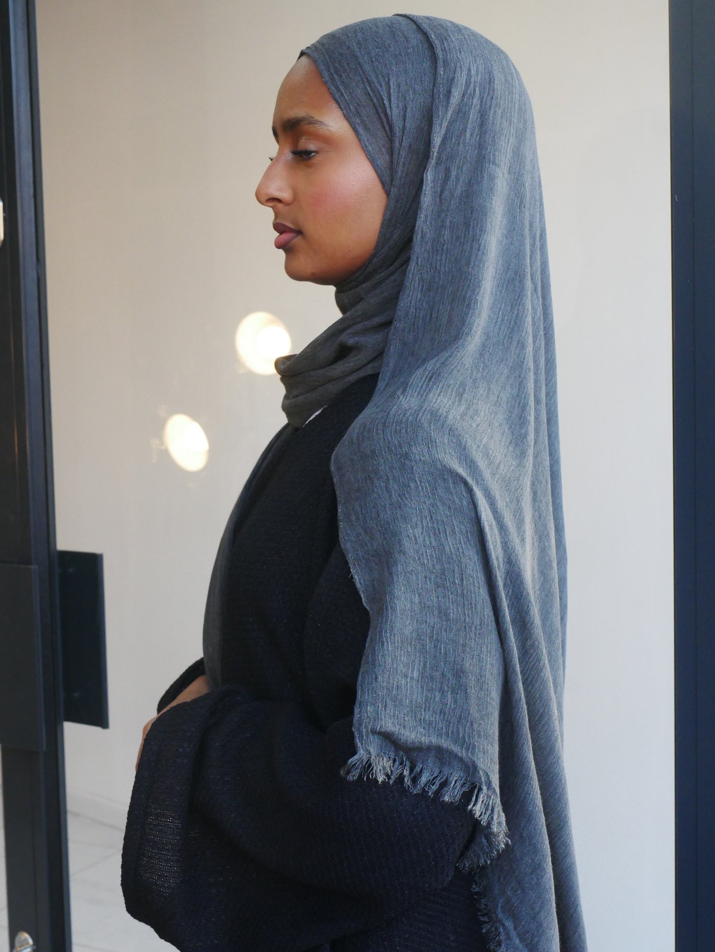 Grey ruffled cotton hijab