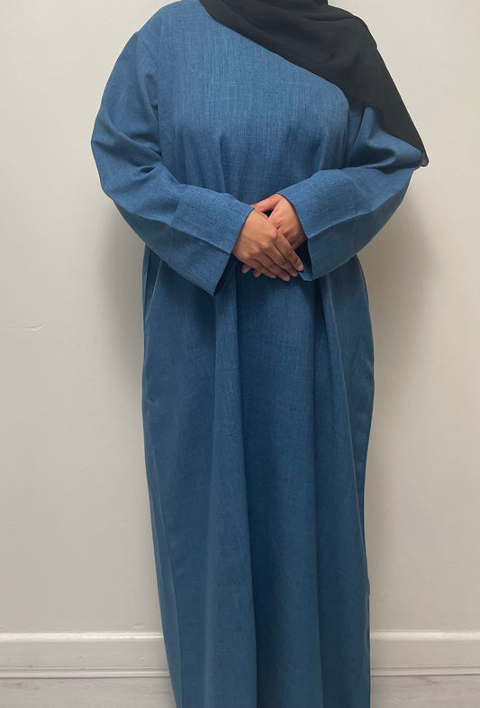 Linen Closed Abaya in Sky Blue