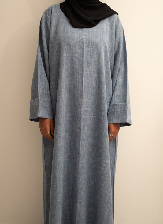 Linen Closed Abaya in Denim Blue