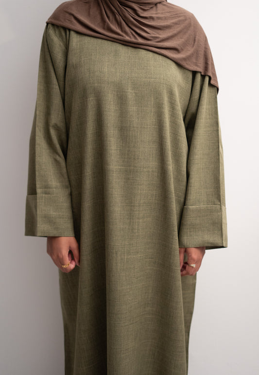 Linen Closed Abaya in Olive